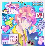  1boy 4su_bae absurdres blue_background border box bubble_tea can candy cardigan character_name collared_shirt cupcake earrings food gift gift_box glasses green_cardigan happy_birthday highres jewelry lollipop long_sleeves male_focus maruyama_reo necktie paradox_live parted_lips pink_eyes pink_hair pink_necktie pixelated shirt smile solo sparkle spoken_gift teeth white_border yellow_shirt 