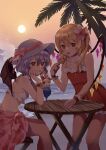  bare_legs bare_shoulders bat_wings beach bikini blonde_hair blush chair cocktail cocktail_glass commentary cup dress drinking drinking_glass drinking_straw flandre_scarlet flower food frilled_bikini_top frilled_dress frills hair_flower hair_ornament hand_on_table highres holding holding_drinking_straw holding_food holding_ice_cream ice_cream jewelry looking_ahead looking_at_viewer necklace palm_tree purple_hair red_dress red_eyes remilia_scarlet shiro0_0iro shore short_dress short_hair side_ponytail sitting standing sunset swimsuit table tongue tongue_out touhou tree water wings wooden_chair wooden_table 