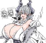  3girls alternate_breast_size arianna_the_labrynth_servant arianne_the_labrynth_servant breasts cleavage demon_girl demon_horns demon_wings dress duel_monster gloves grey_eyes grey_hair highres holding holding_microphone horns idol large_breasts leotard leotard_under_clothes looking_at_viewer lovely_labrynth_of_the_silver_castle low_wings microphone multiple_girls multiple_wings music pointy_ears singing smile spread_cleavage tkool_man transparent_wings white_gloves white_horns wings yu-gi-oh! 