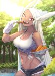  1girl animal_ears bare_shoulders boku_no_hero_academia breasts carrot cleavage collarbone cutoffs dark-skinned_female dark_skin eating food food_in_mouth gloves hiromago holding holding_food holding_plate holding_skewer large_breasts long_eyelashes long_hair looking_at_viewer mirko navel open_mouth outdoors parted_bangs plate rabbit_ears rabbit_girl rabbit_tail red_eyes shirt short_shorts shorts skewer smile solo stomach tail tank_top tied_shirt toned tree very_long_hair white_gloves white_hair white_tank_top 