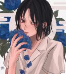  1boy bishounen black_hair blue_flower collared_shirt egasumi fingernails flower grey_eyes hand_up holding holding_flower hydrangea kagoya1219 looking_at_viewer male_focus medium_hair original parted_lips plant shirt short_sleeves signature solo upper_body white_shirt 