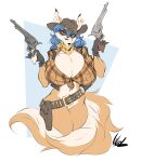  anthro bandanna bandanna_on_neck beauty_mark belt big_breasts blue_hair bottomless bottomless_anthro bottomless_female breasts canid canine carmelita_fox cleavage clothed clothing cowboy cowboy_hat cowboy_outfit crop_top dullvivid ear_piercing ear_ring female flannel flannel_shirt fox fur gun gun_holster hair half-closed_eyes handgun hat headgear headwear hi_res huge_breasts kerchief lips long_hair mammal mask multicolored_body multicolored_fur narrowed_eyes orange_body orange_fur piercing ranged_weapon revolver ring_piercing shirt simple_background sly_cooper_(series) smile smirk smug smug_face solo sony_corporation sony_interactive_entertainment sucker_punch_productions tan_body tan_fur thick_bottom_lip topwear two_tone_body two_tone_fur weapon 