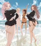  4girls arms_up ass barefoot beach blonde_hair blue_eyes brown_hair clothes_lift dark-skinned_female dark_skin highres long_hair looking_at_viewer looking_back maid multiple_girls original pale_skin panties pink_hair purple_eyes sky thick_thighs thighs throtem underwear 