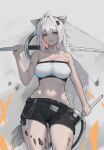  1girl adgai_gai animal_ears arknights bandeau bare_arms bare_shoulders black_shorts breasts cleavage commentary cowboy_shot dual_wielding grey_background grey_eyes grey_hair grin hair_between_eyes hair_ornament hairclip highres holding holding_sword holding_weapon lappland_(arknights) large_breasts long_hair looking_at_viewer midriff navel oripathy_lesion_(arknights) short_shorts shorts smile solo standing stomach strapless sword tail thighs tube_top very_long_hair weapon wolf_ears wolf_tail 