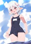  1girl adjusting_clothes adjusting_swimsuit antenna_hair blue_one-piece_swimsuit blue_sky blush breasts cloud cloudy_sky commentary covered_navel cowboy_shot crotch_seam day elf flower frown grey_hair hair_flower hair_ornament kohsaka_jun kokkoro_(princess_connect!) looking_at_viewer name_tag old_school_swimsuit one-piece_swimsuit open_mouth outdoors pink_flower pointy_ears princess_connect! purple_eyes school_swimsuit short_hair sky small_breasts solo sparkle standing swimsuit wading water wet 