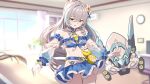  1girl :d absurdres bare_shoulders blue_sky bronya_zaychik bronya_zaychik_(herrscher_of_truth) chinese_commentary cloud cloudy_sky commentary commentary_request doge_onion drill_hair grey_eyes grey_hair hair_ornament highres homu_(honkai_impact) honkai_(series) honkai_impact_3rd indoors jewelry long_hair looking_at_viewer navel official_alternate_costume open_mouth sky smile solo swimsuit window 