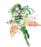  1girl alternate_costume bare_shoulders boots cape dress elbow_gloves fire_emblem fire_emblem:_mystery_of_the_emblem fire_emblem_heroes flower full_body gloves gradient_clothes green_eyes green_hair hair_flower hair_ornament highres long_hair non-web_source palla_(fire_emblem) saine short_dress sleeveless solo thigh_boots transparent_background 