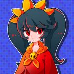  1girl absurdres ashley_(warioware) big_hair blue_background commentary dress hairband highres light_frown long_hair neckerchief oataruu orange_hairband orange_neckerchief red_dress red_eyes sailor_collar skull skull_ornament solo twintails warioware yellow_sailor_collar 