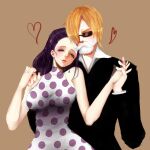  1boy 1girl 8chinchin asymmetrical_bangs bare_shoulders black_hair blonde_hair blush closed_eyes closed_mouth commentary curly_eyebrows dress earrings facial_hair fake_facial_hair fake_mustache formal hair_over_one_eye heart highres holding_hands jewelry long_hair one_piece parted_bangs polka_dot ring sanji_(one_piece) short_hair suit sunglasses viola_(one_piece) 