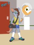  4_fingers anthro bottomwear brown_hair clothing drugs eyewear fingers footwear fur glasses grey_body grey_fur growth growth_pills hair hi_res locker_room male mammal murid murine pills rat rodent shirt shoes short smile socks solo tank_top text topwear vezerem 