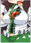  1girl blush breasts brown_hair cape center_frills collared_shirt cowboy_shot fake_scrollbar frilled_shirt frilled_shirt_collar frills green_skirt head_out_of_frame large_breasts long_hair muuei open_mouth puffy_short_sleeves puffy_sleeves reiuji_utsuho shirt short_sleeves skirt solo third_eye_on_chest touhou white_cape white_shirt 
