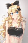  1girl absurdres bare_arms bare_shoulders black_bow blonde_hair blue_eyes bow breasts cleavage closed_mouth commentary_request copyright_name gradient_background grey_background hair_between_eyes hair_bow head_tilt highres holmemee long_hair medium_breasts pointy_ears ponytail princess_connect! saren_(princess_connect!) solo sports_bra upper_body very_long_hair wavy_hair 