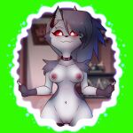  2023 :3 anthro areola black_body black_clothing black_ears black_fingerless_gloves black_fur black_gloves black_handwear black_legwear black_nose black_pupils black_thigh_highs blurred_background blush bottomless breasts canid canid_demon cheek_tuft clitoris clothed clothing collar curvy_figure demon digital_media_(artwork) ear_piercing ear_ring eyebrows eyelashes facial_tuft female fingerless_gloves fingers fkimnsfw front_view fur genitals glistening glistening_eyes gloves green_background grey_body grey_fur grey_hair hair hair_over_eye handwear hellhound helluva_boss hi_res hourglass_figure inside legwear long_hair looking_at_viewer loona_(helluva_boss) mammal medium_breasts mostly_nude multicolored_body multicolored_fur navel nipples one_eye_obstructed partially_clothed piercing pink_areola pink_nipples pink_pussy portal pupils pussy red_sclera ring_piercing shoulder_tuft simple_background slit_pupils smile solo spiked_collar spikes standing thigh_gap thigh_highs topless tuft watermark white_body white_eyes white_fur white_inner_ear 