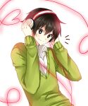  1boy black_hair bright_pupils cable cardigan closed_mouth collared_shirt commentary green_cardigan hair_between_eyes hands_up headphones heart heart_of_string kagerou_project kokonose_haruka looking_down male_focus mnyang mole mole_under_eye notice_lines open_collar school_uniform shirt short_hair simple_background smile solo string string_of_fate upper_body white_background white_pupils white_shirt 