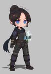  1girl animification apex_legends belt black_bodysuit black_footwear blue_eyes blue_scarf blush bodysuit boots brown_belt character_name chibi clenched_hand frown full_body grey_background hair_bun highres looking_at_viewer no_pupils open_hand parted_bangs ranguage scarf shadow single_hair_bun solo usui_yuki v-shaped_eyebrows wraith_(apex_legends) 
