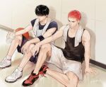  2boys arm_on_knee armband basketball black_hair bottle buzz_cut holding holding_bottle male_focus multiple_boys on_floor puthialt red_hair rukawa_kaede sakuragi_hanamichi shoes short_hair short_sleeves shorts sitting slam_dunk_(series) sneakers socks sweat tank_top towel towel_around_neck very_short_hair water_bottle 