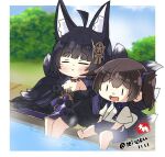  2girls animal_ears azur_lane barefoot chibi crossover foot_bath fox_ears fox_girl fox_tail highres japanese_clothes jewelry kaga_(kancolle) kantai_collection kimono magatama magatama_necklace multiple_girls multiple_tails musashi_(azur_lane) necklace off_shoulder tail taisa_(kari) tasuki twitter_username water 