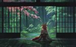  1girl animal_ears artist_name cherry_blossoms facing_away fox_ears fox_girl genshin_impact highres japanese_clothes kantakerro leaf lily_pad long_hair looking_ahead nontraditional_miko pink_hair scenery sitting solo tree water yae_miko 