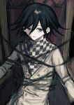  1boy black_hair buttons chair checkered_clothes checkered_scarf danganronpa_(series) danganronpa_v3:_killing_harmony double-breasted hair_between_eyes highres jacket long_sleeves looking_at_viewer male_focus oma_kokichi purple_eyes scarf short_hair smile solo wa_noko 