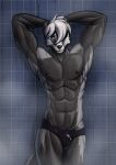  2023 abs absurd_res anthro badger black_nipples blue_eyes bulge clothing digital_drawing_(artwork) digital_media_(artwork) dripping_water glistening glistening_body hair hi_res looking_at_viewer male mammal muscular muscular_male mustelid musteline nipples pecs simple_background solo speedo steam swimwear tile tile_wall wall_(structure) water white_hair za-owl zaul_(za-owl) 