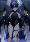  1girl bare_shoulders black_leotard blonde_hair blue_archive blue_eyes breasts closed_mouth commentary_request exoskeleton expressionless feet_out_of_frame halo head-mounted_display highres latex latex_leotard leotard looking_at_viewer maid_headdress mecha medium_breasts revebw robot short_hair sleeveless_turtleneck_leotard solo standing thigh_strap toki_(blue_archive) 