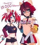  2girls aeiou_(yoako) ahoge animal_ears areola_slip bare_shoulders black_gloves black_hair black_shorts blue_eyes breasts cat_ears cat_girl cat_tail collar collarbone crop_top furry furry_female gloves grin hakos_baelz hands_on_own_hips highres hololive hololive_english long_sleeves looking_at_viewer medium_breasts milestone_celebration mouse_ears mouse_girl mouse_tail multiple_girls navel original parted_lips red_hair sharp_teeth short_hair short_twintails shorts single_glove smile spiked_collar spikes tail teeth twintails v virtual_youtuber white_hair yoako 