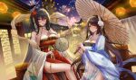  2girls aerial_fireworks alternate_costume architecture azur_lane breasts chinese_clothes chinese_commentary chinese_new_year cleavage east_asian_architecture fireworks hair_ornament hanfu hiei_(azur_lane) highres holding holding_umbrella lantern large_breasts long_hair looking_at_viewer multiple_girls night oil-paper_umbrella side_slit taihou_(azur_lane) umbrella wr_(929481795) 