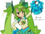  1girl arm_up blush breasts cheerleader commentary_request dress grass_miku_(project_voltage) green_eyes green_hair green_ribbon green_skirt hair_ornament hair_ribbon hand_on_own_hip hatsune_miku holding holding_pom_poms leaf_hair_ornament long_hair long_sleeves looking_at_viewer milk_(milk319319) musical_note musical_note_hair_ornament open_mouth poke_ball poke_ball_(basic) pokemon pom_pom_(cheerleading) print_dress project_voltage ribbon simple_background skirt small_breasts smile solo standing translation_request twintails very_long_hair vocaloid white_background x_hair_ornament 