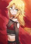  1girl alternate_costume alternate_hairstyle black_collar blonde_hair bra breasts collar collarbone fate/apocrypha fate/grand_order fate_(series) fishnet_top fishnets glasses green_eyes highres long_hair looking_at_viewer mordred_(fate) mordred_(fate/apocrypha) navel parted_bangs ponytail red_background red_bra red_scrunchie revision scrunchie simple_background small_breasts solo tonee underwear upper_body 