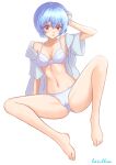  1girl arm_support artist_name ayanami_rei bacillus bare_shoulders barefoot blue_hair blush bra breasts cameltoe collarbone commentary full_body hair_between_eyes hand_on_own_head looking_at_viewer medium_breasts midriff nail_polish navel neon_genesis_evangelion off_shoulder open_clothes open_shirt paid_reward_available panties parted_lips pink_nails red_eyes shirt short_hair short_sleeves signature simple_background sitting solo spread_legs underwear white_background white_bra white_panties white_shirt wide_spread_legs 