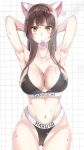  1girl animal_ears arm_behind_head arm_up armpits arms_behind_head arms_up bare_shoulders bikini black_bra blush bra breasts brown_hair cat_ears citrus_(saburouta) cleavage collarbone condom condom_in_mouth condom_wrapper flying_sweatdrops gangshangguang_(smjy5842) highres holding holding_condom large_breasts long_hair looking_at_viewer mouth_hold navel presenting_armpit solo solo_focus sparkling_sweat stomach sweat sweatdrop swimsuit taniguchi_harumi thighs underwear underwear_only underwear_writing very_sweaty 