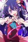  1girl blue_necktie commentary_request double_v dress hair_ornament hair_ribbon hoshino_ai_(oshi_no_ko) idol ixy long_hair looking_at_viewer necktie open_mouth oshi_no_ko pink_nails purple_eyes purple_hair rabbit_hair_ornament red_dress ribbon smile solo sparkle star-shaped_pupils star_(symbol) symbol-shaped_pupils v 