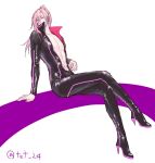  1boy abs arm_support black_bodysuit bodysuit catsuit cherry_blossom_(sk8) covered_mouth crossed_legs full_body high_heels invisible_chair long_hair looking_at_viewer male_focus pink_hair ponytail simple_background sitting sk8_the_infinity solo tet_24 toned toned_male twitter_username unzipped white_background yellow_eyes 