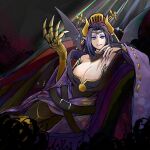  1girl blue_eyes breasts cleavage demon demon_girl digimon digimon_(creature) eyeshadow fallen_angel finalelysion hair_ornament horns jpeg_artifacts large_breasts lilithmon looking_at_viewer makeup pointy_ears purple_eyeshadow purple_hair purple_nails solo wings 