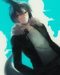  1boy black_jacket black_pants blue_background closed_mouth cloud cloudy_sky facing_viewer fur-trimmed_hood fur_trim grey_eyes grey_hair grey_shirt hood jacket long_sleeves looking_to_the_side male_focus oounabara_to_wadanohara pants samekichi_(wadanohara) shark_fin shirt short_hair sky smile solo tki 