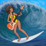  1girl bass_guitar blue_sky blush breasts brown_hair commentary_request commission dark-skinned_female dark_skin day fender_precision_bass full_body gradient_hair green_eyes highres holding holding_instrument instrument multicolored_hair ocean omodaka_(nitera1041) one-piece_swimsuit orange_hair orange_nails original photo_background pixiv_commission short_hair sky small_breasts solo surfboard surfing swimsuit two-tone_hair water waves yellow_one-piece_swimsuit 