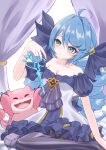  1girl absurdres ahoge bare_shoulders blue_hair breasts collarbone curtains dress drill_hair frilled_dress frills gwen_(league_of_legends) hair_ribbon highres league_of_legends long_hair looking_at_hand momikodayo ribbon scissors small_breasts strapless striped striped_thighhighs thighhighs twin_drills 