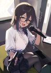  92m black_pantyhose braid brown_hair door glasses highres holding holding_microphone indoors kakita_(92m) karaoke microphone open_door open_mouth original pantyhose shirt sitting skirt translation_request white_shirt yellow_eyes 