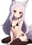  1girl :3 animal_ear_fluff animal_ears arms_between_legs bikini black_bikini black_thighhighs breasts commentary english_commentary facial_mark fox_ears fox_girl fox_tail highres kneeling long_hair looking_at_viewer micro_bikini mikoscrub navel red_eyes sewayaki_kitsune_no_senko-san shiro_(sewayaki_kitsune_no_senko-san) short_eyebrows side-tie_bikini_bottom simple_background sitting small_breasts solo swimsuit tail thick_eyebrows thighhighs wariza whisker_markings 