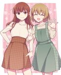  2girls :d blonde_hair blush bocchi_the_rock! border brown_eyes brown_hair brown_skirt closed_eyes closed_mouth cowboy_shot dress e20 fan_1-gou fan_2-gou floral_background green_dress hand_on_own_hip hand_up highres locked_arms long_hair long_sleeves looking_at_viewer multiple_girls open_mouth outside_border pink_background short_hair skirt smile standing striped sweater vertical_stripes white_border 