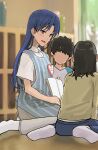  1boy 2girls absurdres apron black_hair blue_hair blurry blurry_background blush book dress_shirt epitaph_(1122) faceless faceless_male highres holding holding_book idolmaster idolmaster_(classic) idolmaster_million_live! idolmaster_million_live!_theater_days kisaragi_chihaya lapel_pin long_hair medium_hair multiple_girls on_floor pants shirt short_hair sitting smile wariza white_shirt window wooden_floor 