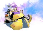  1girl :d ^_^ ass bike_shorts black_shorts breasts closed_eyes crab crab_tank_(splatoon) fang flip-flops floating_hair highres inkling inkling_girl light_purple_hair long_hair medium_breasts muramasa_mikado non-humanoid_robot open_mouth piloting pointy_ears robot sandals shadow shirt short_sleeves shorts smile solo splatoon_(series) splatoon_3 t-shirt teeth tentacle_hair white_shirt 