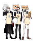  3boys apron arm_up bag baguette beard black_coat black_eyes black_footwear black_hair black_necktie black_pants black_suit blonde_hair blue_shirt bottle bread brown_footwear chainsaw_man coat collared_shirt earrings facial_hair food formal full_body goggles gokushufudou hand_in_pocket highres holding holding_bottle jacket jewelry jujutsu_kaisen kishibe_(chainsaw_man) male_focus multiple_boys nanami_kento necktie pants paper_bag scar scar_on_face shirt shoes shopping_bag short_hair ssss7777_7 sticker suit sunglasses tatsu_(gokushufudou) undercut white_background white_jacket white_pants white_shirt white_suit yellow_apron yellow_necktie 