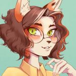  anthro brown_hair curls domestic_cat eyebrows eyewear fan_character felid feline felis female glasses hair invalid_tag low_res mammal nails persamona sharp_nails smile solo yellow_eyes 