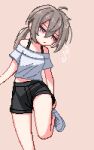  1girl ahoge bare_shoulders black_shorts breasts girls&#039;_frontline grey_hair hair_between_eyes m200_(girls&#039;_frontline) midriff off-shoulder_shirt off_shoulder pixel_art ponytail purple_eyes putting_on_shoes shirt shorts simple_background small_breasts solo white_footwear white_shirt yiricannon 