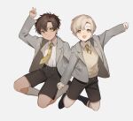  2boys ag_(ag_nkfg) black_shorts black_socks blonde_hair blush brown_hair child closed_mouth collared_shirt grey_background grey_jacket hair_between_eyes highres jacket kneehighs long_sleeves looking_at_viewer male_child male_focus multiple_boys necktie open_clothes open_jacket open_mouth orange_eyes original shirt shorts simple_background socks sweater_vest tan white_shirt white_socks yellow_necktie 