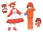  1girl arc_the_lad barefoot bow brushing_teeth chibi choko_(arc_the_lad) dress full_body happy looking_at_viewer ooo open_mouth pajamas red_eyes red_hair redrawn shoes short_hair short_twintails simple_background skirt smile socks solo twintails white_background 
