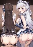  2girls after_vaginal anus apron ass azur_lane backboob belfast_(azur_lane) bent_over black_skirt black_thighhighs blue_dress blue_eyes blue_ribbon blush braid breasts breasts_out breath brown_hair censored clothed_sex commentary commission cum cum_in_pussy cum_overflow cumdrip dress elbow_gloves fingering french_braid frilled_gloves frilled_skirt frills from_behind full_body furrowed_brow garter_straps gloves grey_hair hair_ribbon heavy_breathing henria hetero highres long_hair looking_at_viewer looking_back maid_apron maid_headdress medium_breasts miniskirt mosaic_censoring multiple_girls newcastle_(azur_lane) nipples no_panties open_mouth pov pussy pussy_juice ribbon sex sex_from_behind short_ponytail skeb_commission skirt standing standing_sex sweat thighhighs vaginal white_thighhighs 