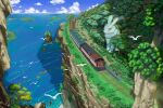  animal bird cliff cloud cloudy_sky day forest highres looking_at_object nature no_humans ocean original oversized_animal rabbit railroad_tracks scenery seagull shadow sky sleepylion train tree 