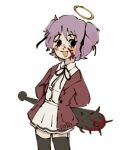  2023 angel blood blood_on_face blood_on_weapon blush bokusatsu_tenshi_dokuro-chan halo holding holding_weapon jacket open_clothes open_jacket pokophobia purple_hair red_jacket smile unfinished weapon 